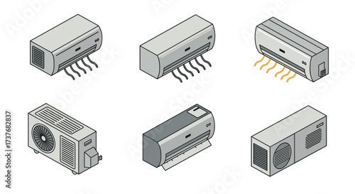Isometric air conditioner set with indoor and outdoor units