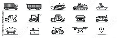 Variety of Transportation Icons Featuring Land Sea and Air Vehicles representing logistics and travel routes