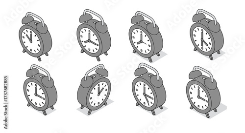 Isometric vintage alarm clocks in various time settings with shadows