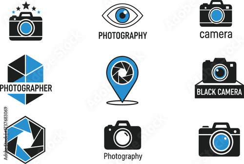 Photography logo bundle, camera icons, photographer symbols, modern photo design elements, blue and black vector set for branding use