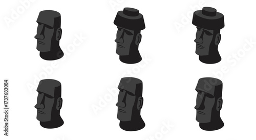 Isometric easter island heads with unique hats in monochrome art style