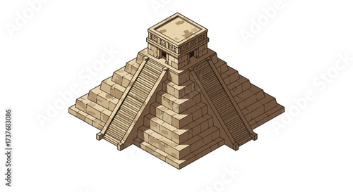 Ancient mayan pyramid isometric design with steps and architectural details