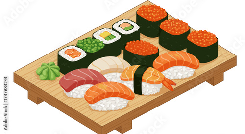 Assorted sushi platter on wooden tray in isometric style