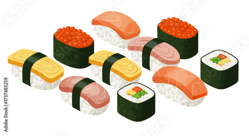 Isometric sushi selection: salmon, tuna, egg nigiri and maki rolls