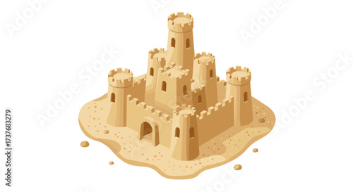 Isometric sand castle with towers and moat on beach shoreline