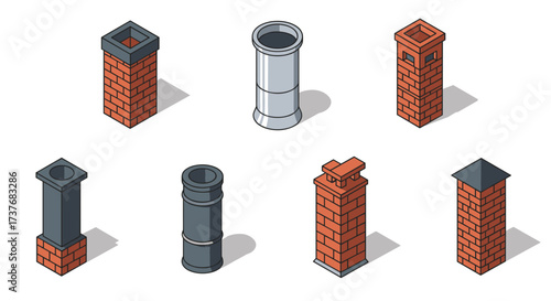 Isometric chimney set with red brick and metal designs on white background
