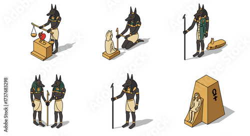 Ancient egyptian anubis depictions with iconic symbols in isometric style