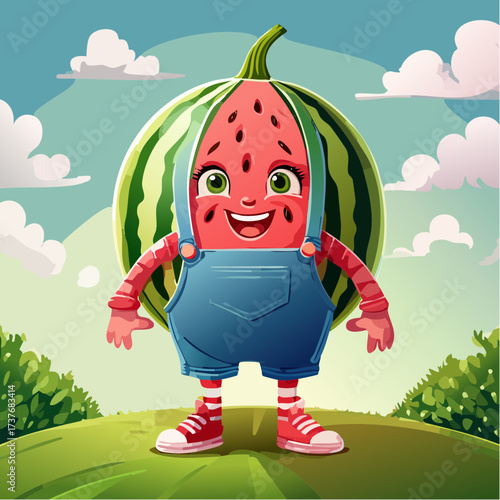 A whimsical, anthropomorphic watermelon character, beaming with joy and a wide, cheerful smile, stands vibrant in a sunny, imaginative landscape