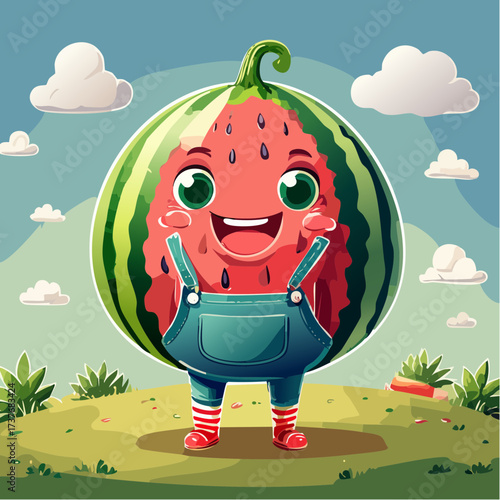 Whimsical anthropomorphic strawberry with expressive, joyful eyes and a wide, cheerful smile, wearing cute overalls on a sunny green hill. Delightful fruit character