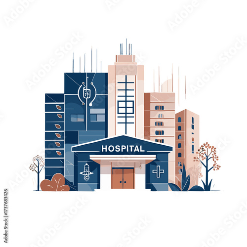 Modern hospital building illustration with a clean design and surrounding greenery