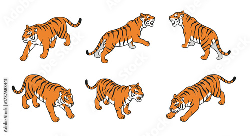 Set of six cartoon tigers in various poses and expressions