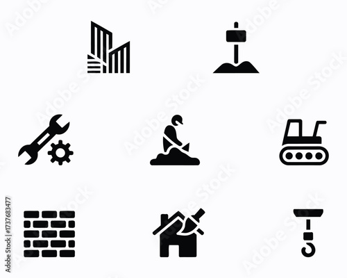 Construction and Engineering Iconography Featuring Buildings, Tools, and Machinery Representing Various Aspects of the Building and Repair Process Seamlessly