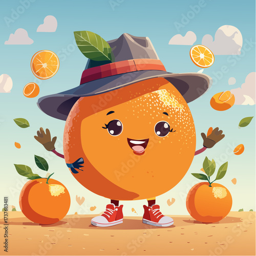 Whimsical anthropomorphic orange, with expressive, joyful eyes and a miniature hat, stands happily amidst a vibrant fruit field under a bright sky