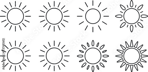 Collection of eight sun illustrations, each with unique ray designs radiating from a central circle, the suns vary in style, from simple lines to more elaborate shapes