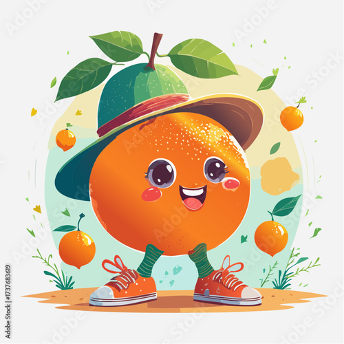 A cheerful anthropomorphic orange character with wide, joyful eyes and a bright smile, wearing a stylish green hat and sporty shoes, stands happily on vibrant green grass