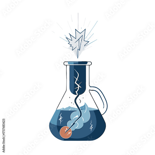 Stylized laboratory flask illustration with bubbling liquid, modern design, blue and beige color palette, science concept, copy space