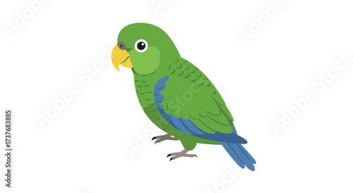Colorful parrot with green feathers and yellow beak in flat style
