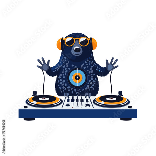 DJ raccoon wearing headphones and sunglasses, mixing music at a turntable, representing creativity and entertainment