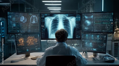 Doctor analyzing digital chest X-ray on multiple high-tech screens in a futuristic control room, advanced medical diagnostics, healthcare technology, 8K