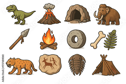 Prehistoric icons collection featuring dinosaurs, mammoths, and early human tools