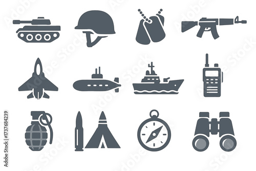 Military icons set: tank, helmet, rifle, jet, submarine, ship, radio, grenade, bullet, compass, binoculars