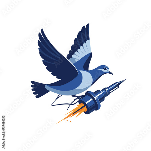 Stylized blue bird flying with a rocket, symbolizing innovation and freedom