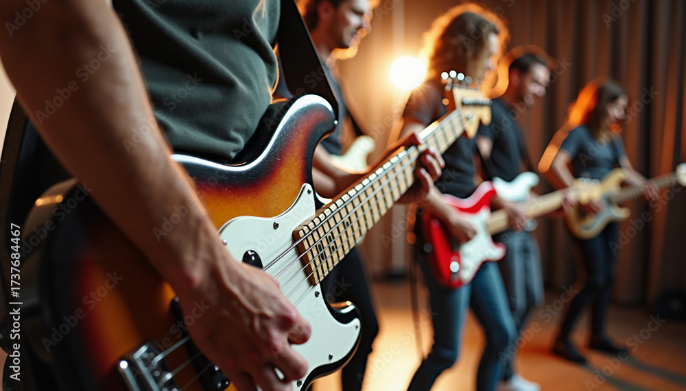 Naklejka premium Group of musicians playing electric guitars on stage during performance 