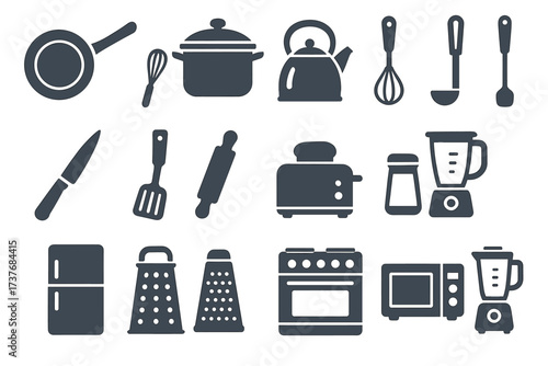 Essential kitchen appliances and utensils icons set