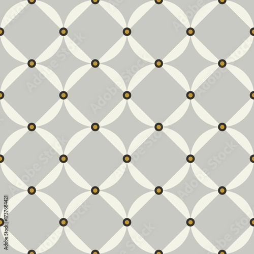Seamless geometric circle lattice pattern in grey and white with dot accents