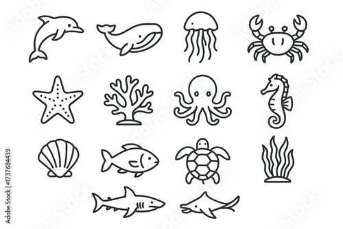 Collection of marine life icons: dolphin, whale, octopus, seahorse, starfish, crab, jellyfish, shark
