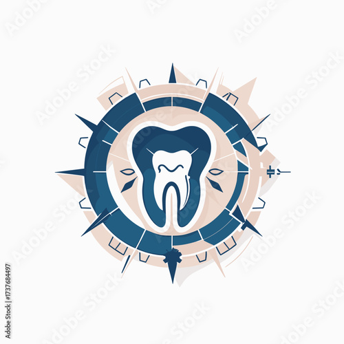 Stylized dental illustration featuring a tooth, modern design, blue and beige color palette, dental health concept, copy space