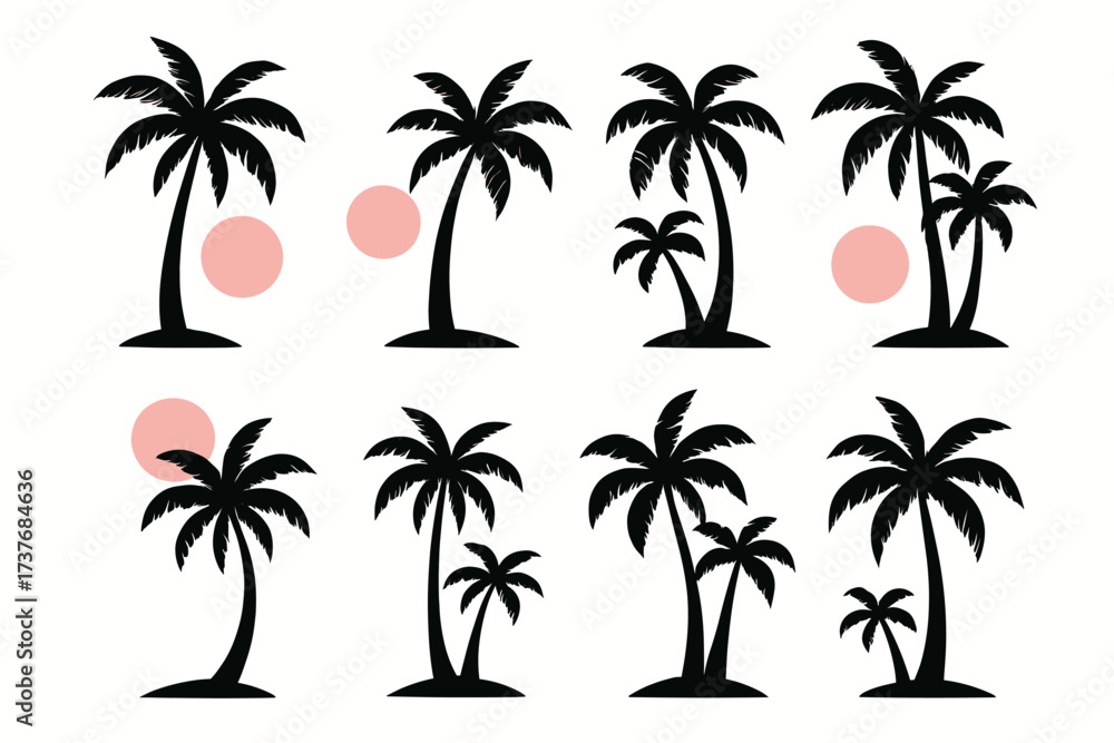 Obraz premium Collection of palm tree silhouettes with sun circles in minimalist design