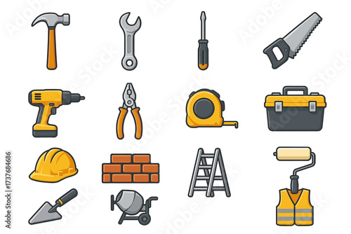 Set of construction tools and safety gear including hammer, wrench, drill, safety vest