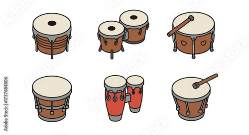 Isometric percussion instruments set: drums and bongos in minimalist style