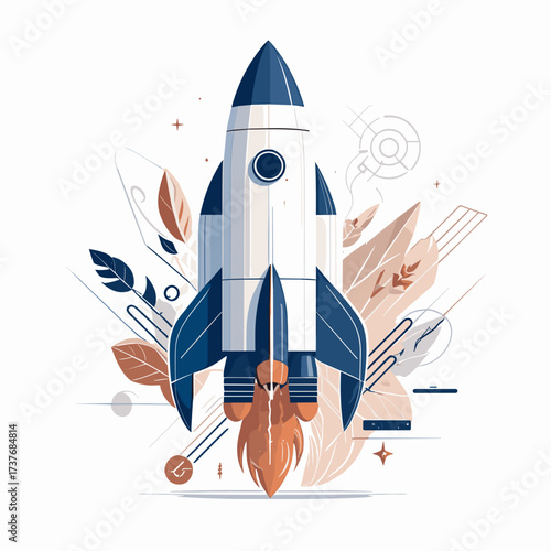 Stylized rocket launch illustration, modern design, blue and beige color palette, dynamic elements, space concept, copy space
