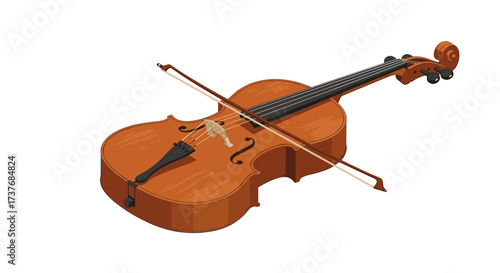 Elegant orchestral violin with bow in detailed isometric style artwork