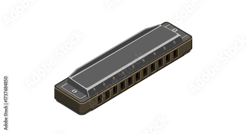 Detailed isometric harmonica in classic monochrome style for music designs