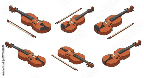 Isometric violins and bows: musical instruments in detailed 3d design