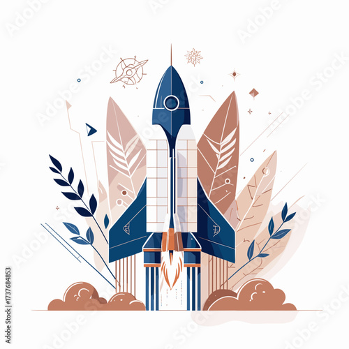 Stylized rocket launch illustration, modern design, blue and beige color palette, dynamic elements, space concept, copy space