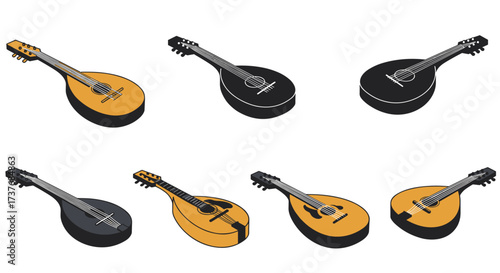 Isometric mandolin collection: musical instruments in various designs and styles