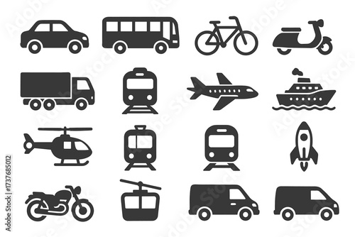 Transportation icons set featuring car, bus, bicycle, and more
