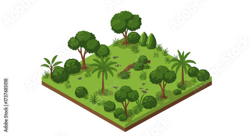 Isometric tropical forest design with lush greenery and trees
