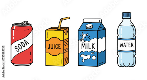 Vector Illustration Assortment of Popular Beverage Containers Soda Can Juice Box Milk Carton Water Bottle