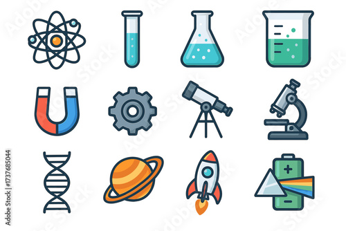 Colorful science and technology icons featuring lab equipment and space exploration