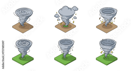 Isometric tornado evolution: diverse weather phenomena collection