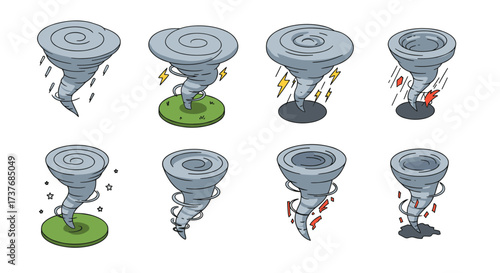 Cartoon tornado collection with varied weather elements