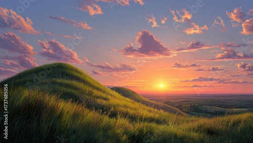 Fototapeta Naklejka Na Ścianę i Meble -  Serene sunset over gently rolling grassy hills, painted in warm oranges, pinks, and purples