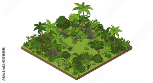 Isometric tropical jungle landscape with dense vegetation and trees