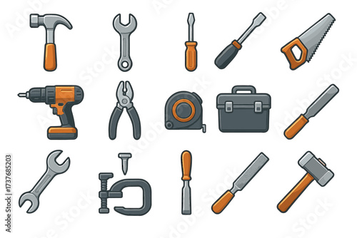 Set of various hand and power tools for carpentry and repair