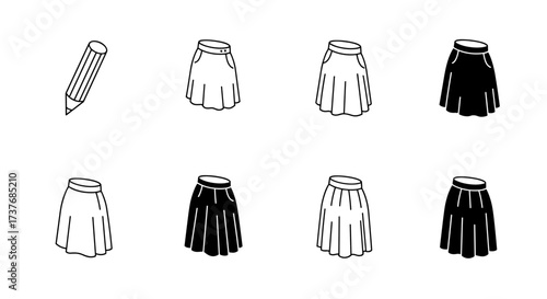 Simple fashion outlines of six skirt styles with pencil sketch